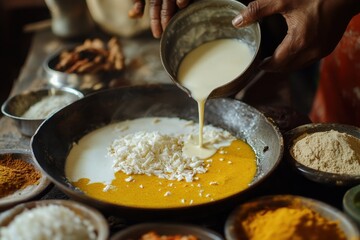 A culinary scene of a coconut curry being prepared in a traditional kitchen, with fresh coconut milk being poured into the pan and various spices laid out