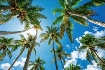 A picturesque coconut grove with tall coconut trees reaching up towards the clear blue sky, with coconuts hanging high and the sunlight filtering through the leaves