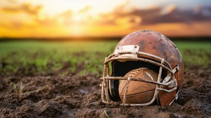 Vintage American Football Helmet with a Sunset Background