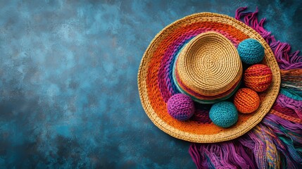 A Cinco de Mayo background is made from maracas, Mexican blanket stripes, or ponchos, serapes, and hats on a dark stone background.