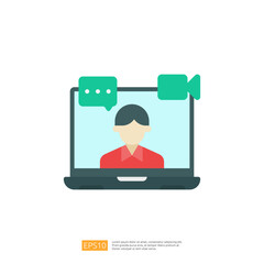 Poster - A simple illustration of a laptop displaying a person for video conferencing, with chat bubbles indicating communication.