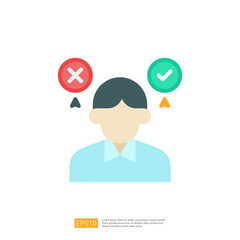 Poster - This image features a simplified human figure with a blue shirt, flanked by two icons representing choices a red cross and a green check mark, symbolizing decision-making.