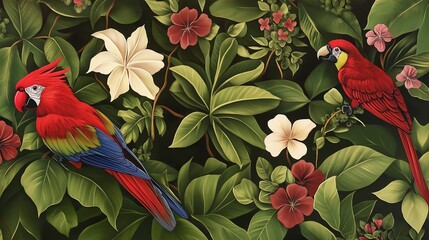 Wall Mural - Brightly colored birds like parrots and toucans perched among lush tropical leaves