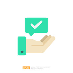 Poster - This image features a stylized hand holding a speech bubble with a checkmark, symbolizing approval or confirmation in a simple, modern design.