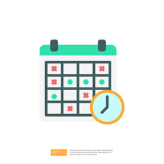Poster - A calendar icon featuring a grid layout with marked dates and a clock symbol, representing scheduling or time management.