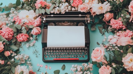 Wall Mural - An old-fashioned typewriter with a sheet of paper and floral arrangements around it.