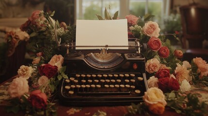 Aufkleber - An old-fashioned typewriter with a sheet of paper and floral arrangements around it.