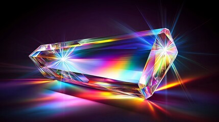 Poster - An artistic display of light refractions through a crystal prism, casting rainbow hues on a dark background.
