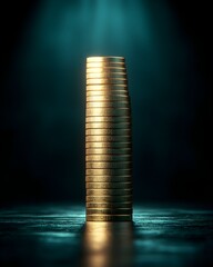 Wall Mural - Stacked golden coins illuminated in a dramatic light