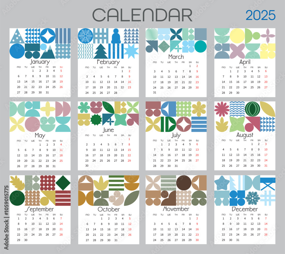 Monthly calendar template 2025. Modern calendar, organizer, planner, vector background for