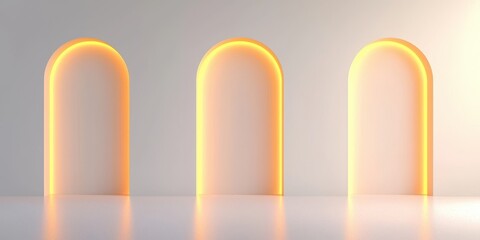 Three elegant arch-shaped designs with glowing outlines on a sleek, modern backdrop.