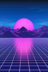 Poster - This image depicts a retro futuristic landscape with a large pink futuristic sun surrounded by mountains, reflecting on a grid-like surface, evoking sci-fi nostalgia.