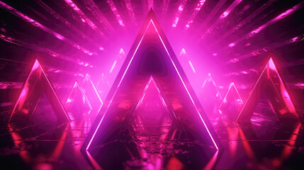 Poster - A series of glowing pink triangular structures sit within a futuristic tunnel, reflecting a surreal atmosphere with bright lights and geometric shapes.