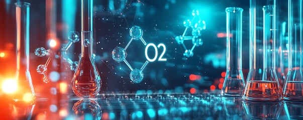 Poster - A vibrant laboratory scene showcasing chemical flasks and molecular structures with an oxygen theme.