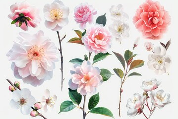  A beautiful watercolor painting of a bouquet with cherry blossoms and other pink and white flowers. A tranquil and nurturing decorative art piece for various uses.