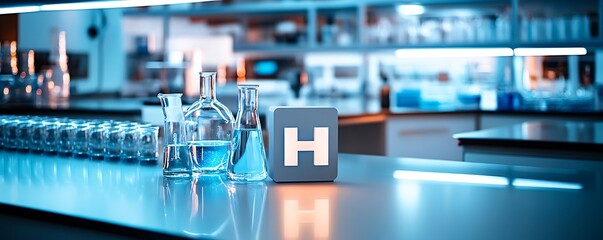 Poster - Laboratory scene with glassware and a hydrogen symbol, emphasizing scientific research.