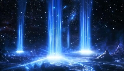 Wall Mural - blue lights erupting on a dark, starry landscape