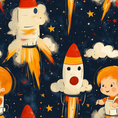 Colorful space adventure with rockets and playful children in a whimsical design