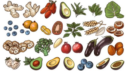 Sticker - Drawing of various fruits and vegetables, including avocados, broccoli, and blueberries. The drawing has a colorful and lively feel, with each item clearly visible and distinct