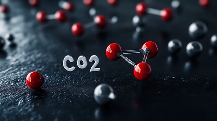 Poster - 3D representation of carbon dioxide molecules with atoms and chemical notation.