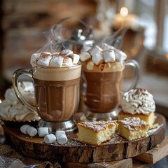 Poster - Two Cups of Steaming Hot Chocolate With Marshmallows and Cookies on a Wooden Tray