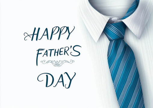 a happy Father's Day card with a blue striped necktie and white shirt on an isolated background, text HAPPY FATHER'S DAY