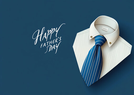 a happy Father's Day card with a blue striped necktie and white shirt on an isolated background, text HAPPY FATHER'S DAY