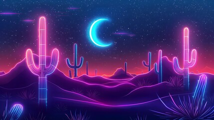 Wall Mural - neon desert landscape with glowing cactus and luminous moon in starry night sky
