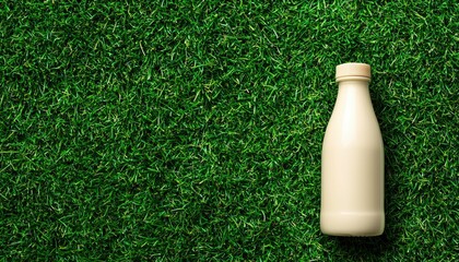 A bottle of milk rests on a grassy surface, highlighting a connection between nature and dairy products.