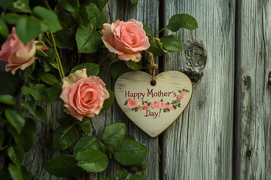 A heart-shaped tag with the words Happy Mother's Day! on it, placed next to pink roses and green leaves