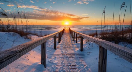 Wall Mural - Wooden Pathway Leading to a Beach Sunset