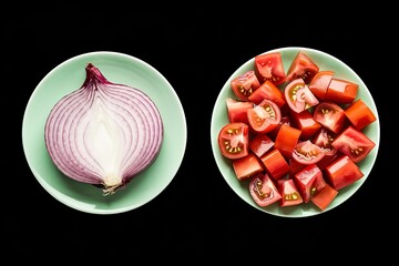 a two-plate setup with a sliced red sweet onion on one plate and diced tomatoes on the other.