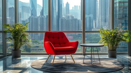 Wall Mural - Modern red chair in urban high-rise with city skyline view during daylight