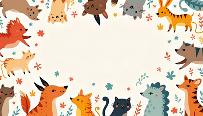 Cute animal characters border design with playful elements and bright colors
