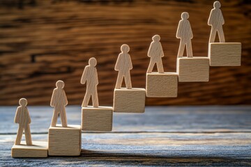 Small wooden figures ascend a series of blocks arranged like stairs, representing the journey of personal growth and continual improvement over time