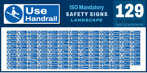 129 set ISO mandatory safety signs v49_use handrail_landscape size 1/2 a4,a3,a2,a1