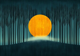 illustration of a minimalist landscape wallpaper, forest, fog, gradient sky.