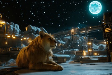Wall Mural - a lion rests on a futuristic platform under a starry sky and large moon.