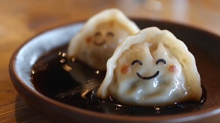 Cute Dumplings with Smiley Faces in Sauce