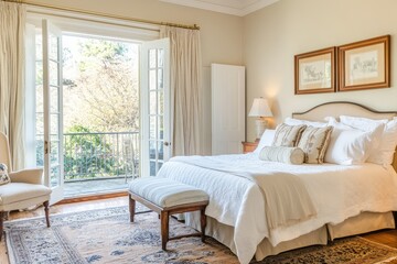 Spacious master bedroom with a private balcony, garden view, soft bedding, elegant decor, bright morning light, tranquil space