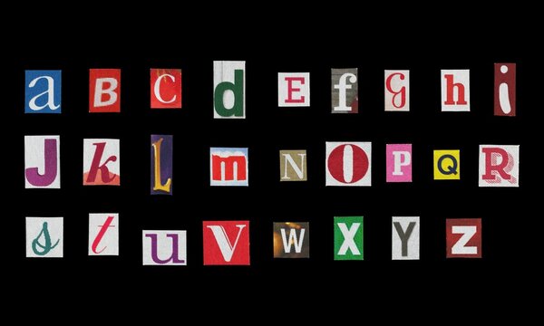 Set of cut-out English alphabet letters from magazines on a black background, retro y2k style