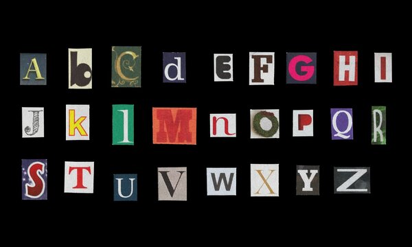 Set of cut-out English alphabet letters from magazines on a black background, retro y2k style