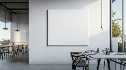 Wall art mock up, modern dining area featuring blank white canvas on wall, creating serene atmosphere