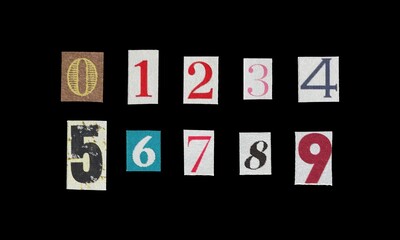 Set of cut-out ransom numbers from magazines on a black background, retro y2k style