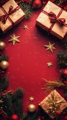 Wall Mural - festive christmas composition with wrapped gifts, golden stars, and pine branches framing a rich red