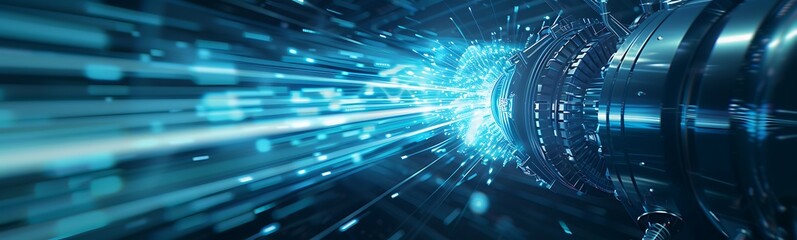 Aufkleber - A vibrant burst of blue light emanates from a futuristic tunnel, symbolizing speed and energy in a digital landscape.