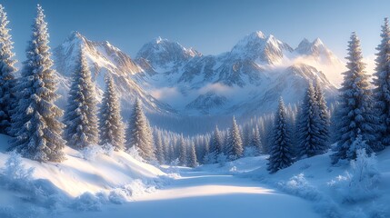 Snowy mountain range with frosted trees and sun shining through clouds.