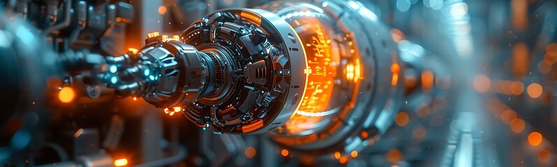 Poster - A futuristic machinery close-up showcasing intricate metallic details and glowing orange elements, emphasizing technology and innovation.