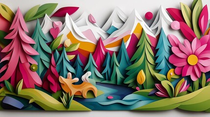 Poster - A colorful, layered paper cut-out scene of mountains, trees, and animals, giving a 3D effect