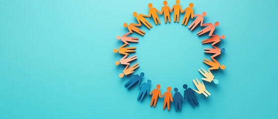Poster - Graphic of a vibrant circle of paper people holding hands, representing community support and solidarity, set against a simple background with room for copy